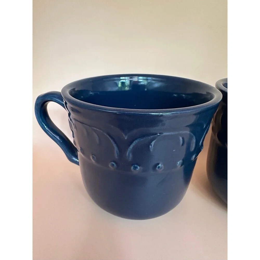 Candice Collection Elegant Dining Navy Blue Embossed Stoneware Coffee Mugs Set 2